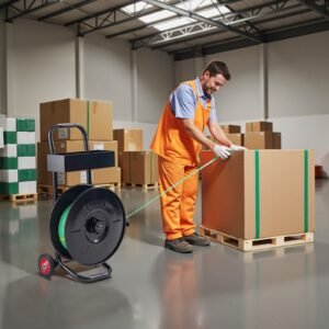 banding strapping cart, fit for pet / pp / polyester strapping coils with 8 inches core size, heavy duty strapping dispenser equipped with upgrade brake system, built in spacious tray for tools