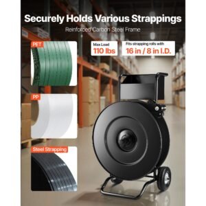 banding strapping cart, fit for pet / pp / steel strap coils with 8 or 16 inches core size, heavy duty strapping dispenser equipped with upgrade drum brake, built in spacious tray for tools