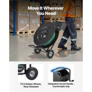 banding strapping cart, fit for pet / pp / steel strap coils with 8 or 16 inches core size, heavy duty strapping dispenser equipped with upgrade drum brake, built in spacious tray for tools