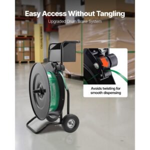 banding strapping cart, fit for pet / pp / steel strap coils with 8 or 16 inches core size, heavy duty strapping dispenser equipped with upgrade drum brake, built in spacious tray for tools