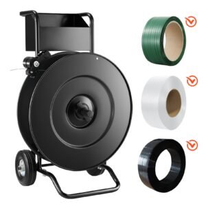 Banding Strapping Cart, Fit for PET / PP / Steel Strap Coils with 8 or 16 inches Core Size, Heavy Duty Strapping Dispenser Equipped with Upgrade Drum Brake, Built-in Spacious Tray for Tools