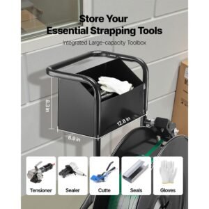 banding strapping cart, fit for pet / pp / steel strap coils with 8 or 16 inches core size, heavy duty strapping dispenser equipped with upgrade drum brake, built in spacious tray for tools