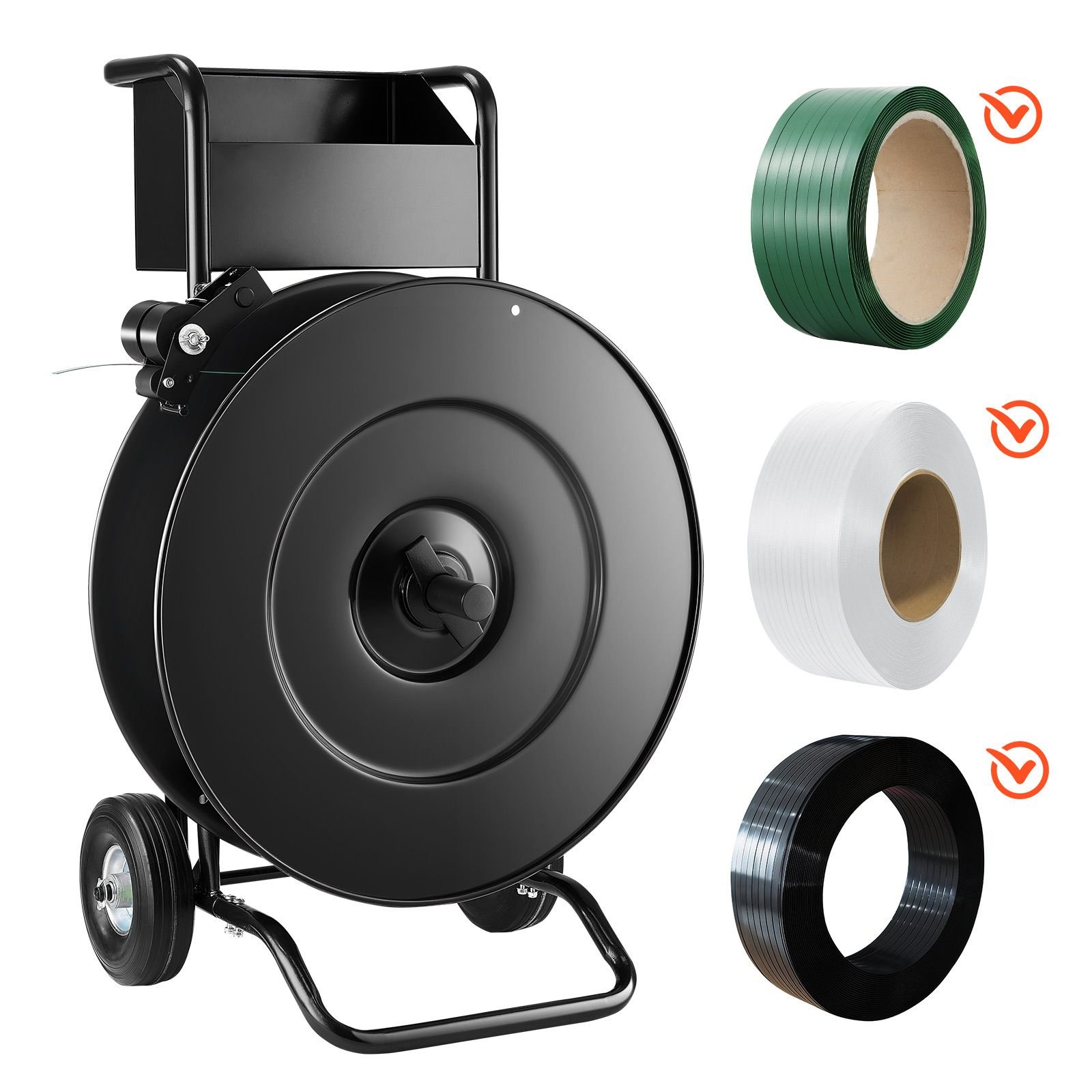 banding strapping cart, fit for pet / pp / steel strap coils with 8 or 16 inches core size, heavy duty strapping dispenser equipped with upgrade drum brake, built in spacious tray for tools