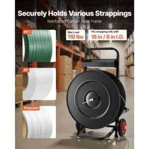 banding strapping cart, fit for pet/pp/polyester strapping coils with 8 or 16 in core size, heavy duty strapping dispenser equipped with upgrade brake system, built in spacious tray for tools