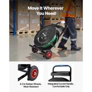 banding strapping cart, fit for pet/pp/polyester strapping coils with 8 or 16 in core size, heavy duty strapping dispenser equipped with upgrade brake system, built in spacious tray for tools