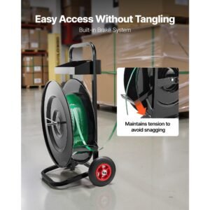 banding strapping cart, fit for pet/pp/polyester strapping coils with 8 or 16 in core size, heavy duty strapping dispenser equipped with upgrade brake system, built in spacious tray for tools