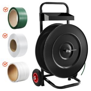 Banding Strapping Cart, Fit for PET/PP/Polyester Strapping Coils with 8 or 16 in Core Size, Heavy Duty Strapping Dispenser Equipped with Upgrade Brake System, Built-in Spacious Tray for Tools