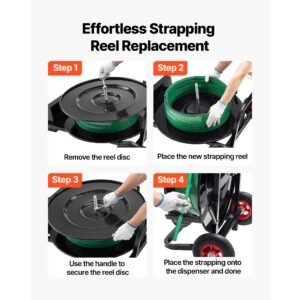 banding strapping cart, fit for pet/pp/polyester strapping coils with 8 or 16 in core size, heavy duty strapping dispenser equipped with upgrade brake system, built in spacious tray for tools