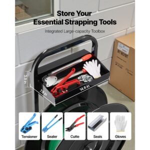 banding strapping cart, fit for pet/pp/polyester strapping coils with 8 or 16 in core size, heavy duty strapping dispenser equipped with upgrade brake system, built in spacious tray for tools