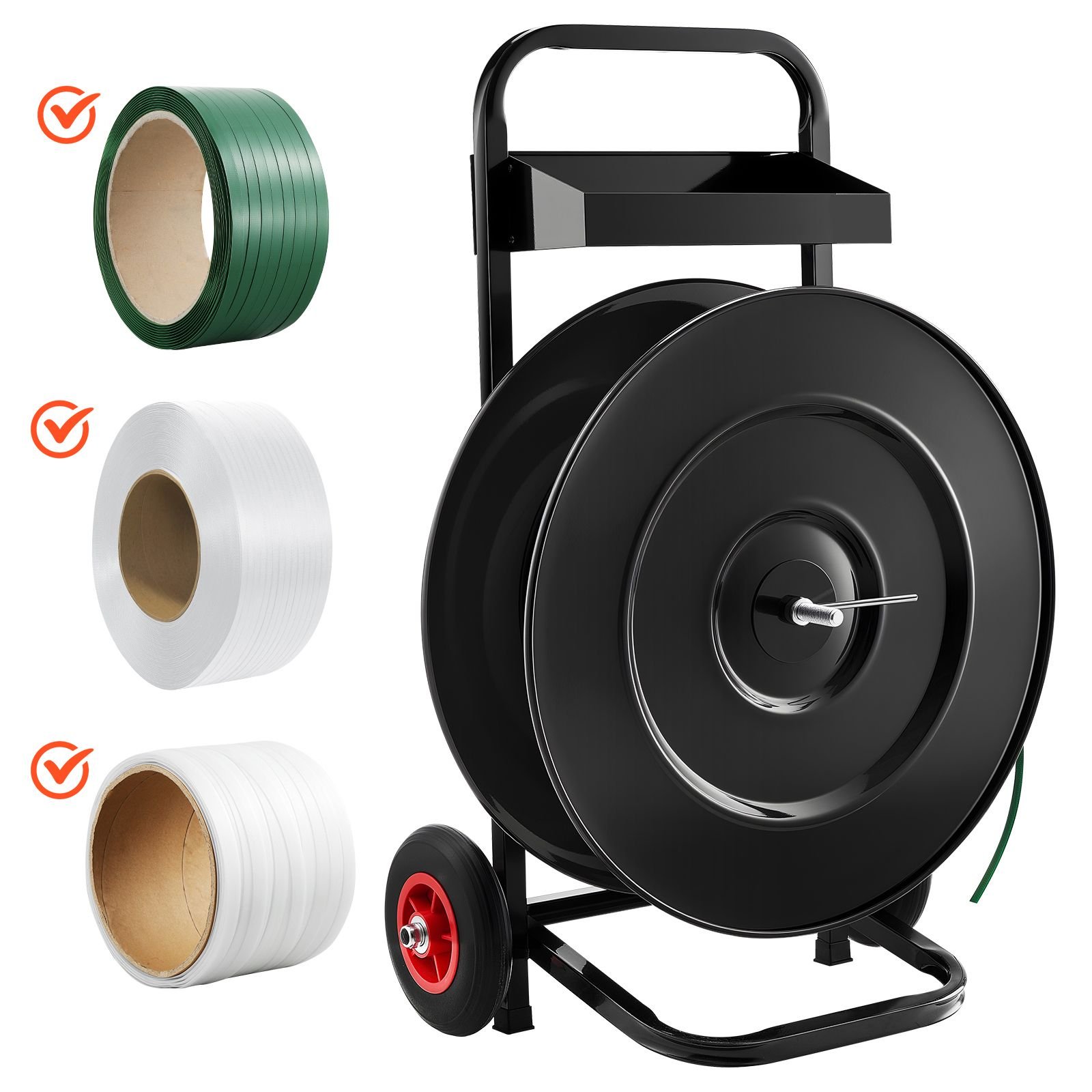 banding strapping cart, fit for pet/pp/polyester strapping coils with 8 or 16 in core size, heavy duty strapping dispenser equipped with upgrade brake system, built in spacious tray for tools