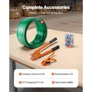 banding strapping kit, heavy duty banding sealer tool with 1000 ft length pet band, 300 metal seals, plastic manual pallet packaging strapping kit for warehouse/shipping/moving/home, orange
