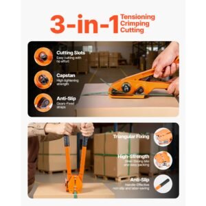 banding strapping kit, heavy duty banding sealer tool with 1000 ft length pet band, 300 metal seals, plastic manual pallet packaging strapping kit for warehouse/shipping/moving/home, orange