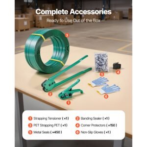 banding strapping kit, heavy duty banding sealer tool with 1500 ft pet band, 450 metal seals, 150 corner protectors & gloves, plastic pallet packaging strapping kit for warehouse/shipping/moving