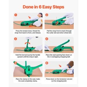 banding strapping kit, heavy duty banding sealer tool with 1500 ft pet band, 450 metal seals, 150 corner protectors & gloves, plastic pallet packaging strapping kit for warehouse/shipping/moving