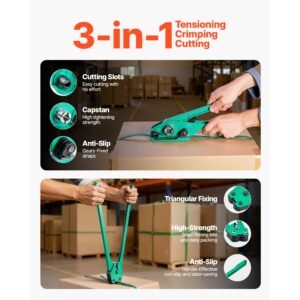 banding strapping kit, heavy duty banding sealer tool with 1500 ft pet band, 450 metal seals, 150 corner protectors & gloves, plastic pallet packaging strapping kit for warehouse/shipping/moving