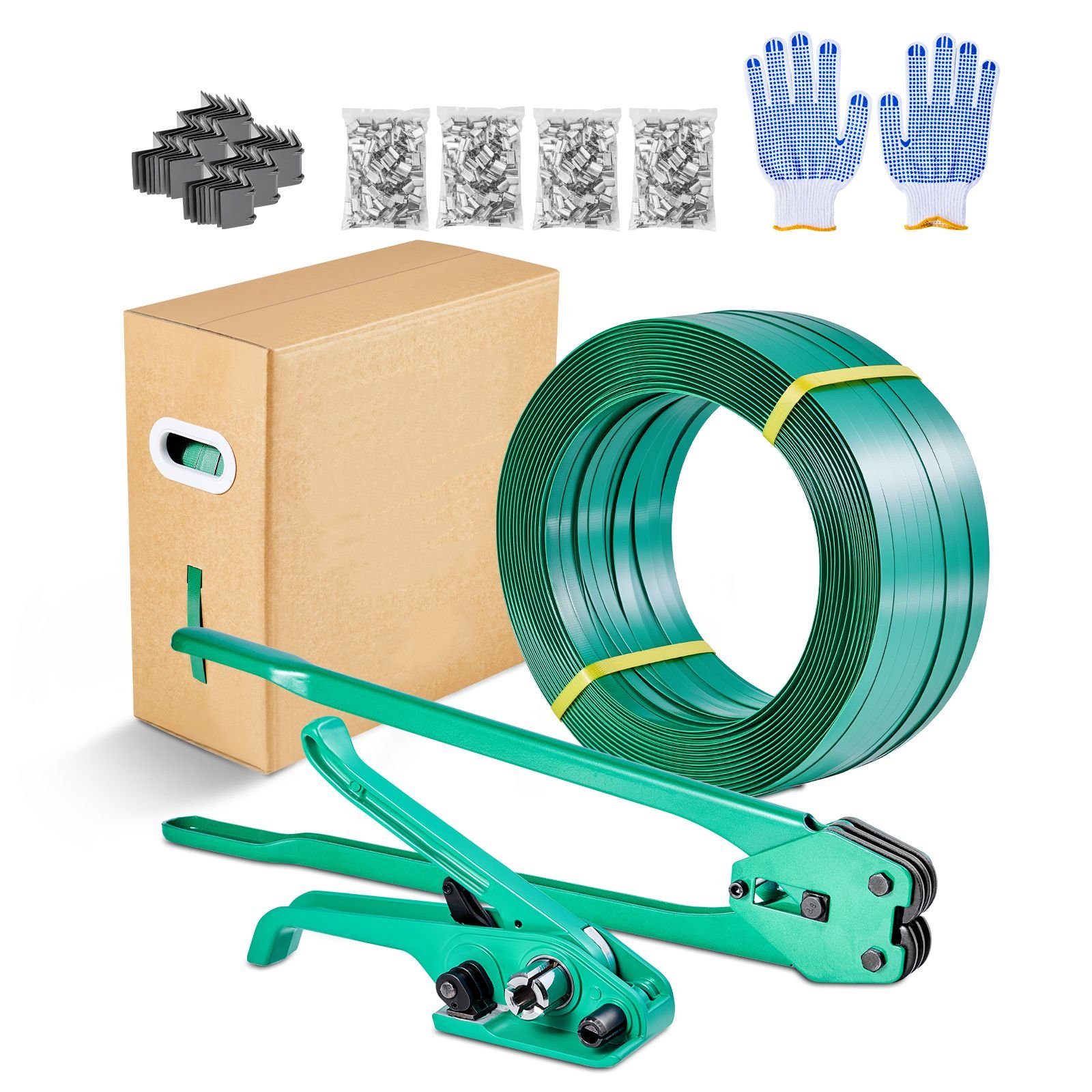 banding strapping kit, heavy duty banding sealer tool with 1500 ft pet band, 450 metal seals, 150 corner protectors & gloves, plastic pallet packaging strapping kit for warehouse/shipping/moving