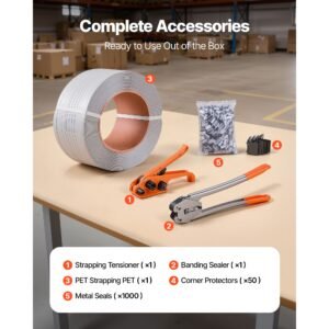 banding strapping kit, heavy duty banding sealer tool with 3200 ft length pp band, 1000 metal seals, 50 corner protectors, plastic pallet packaging strapping kit for warehouse/shipping/moving