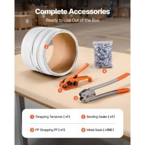 banding strapping kit, heavy duty banding sealer tool with 330 ft length pp band, 100 metal seals, plastic manual pallet packaging strapping kit for warehouse/shipping/moving/home, orange