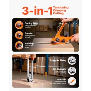 banding strapping kit, heavy duty banding sealer tool with 330 ft length pp band, 100 metal seals, plastic manual pallet packaging strapping kit for warehouse/shipping/moving/home, orange
