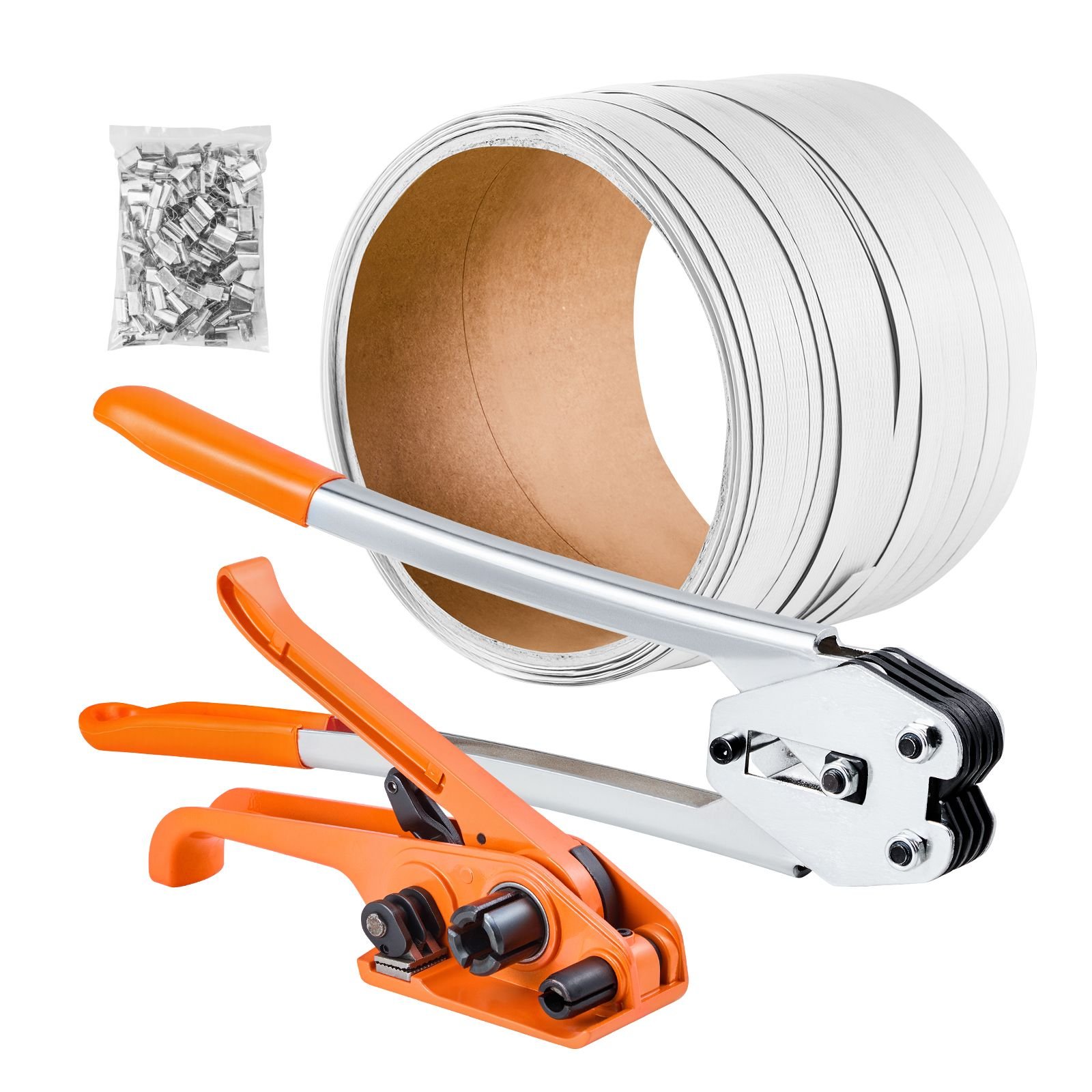 banding strapping kit, heavy duty banding sealer tool with 330 ft length pp band, 100 metal seals, plastic manual pallet packaging strapping kit for warehouse/shipping/moving/home, orange