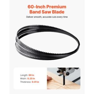 bandsaw blade, 60 inch length, 6 tpi band saw blade with 15 hrc hardened sharp teeth, sk5 high strength carbon steel, 0.25 inch width, replacement for major woodworking band saw brands, 1 pack