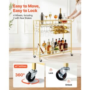 bar cart, 2 tiers home kitchen serving carts, modern rolling utility station on wheels, drink beverage trolley with mirrored glass shelves, wine rack, glass holder, for living dining room, gold