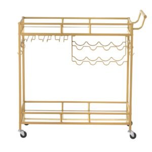 Bar Cart, 2 Tiers Home Kitchen Serving Carts, Modern Rolling Utility Station on Wheels, Drink Beverage Trolley with Mirrored Glass Shelves, Wine Rack, Glass Holder, for Living Dining Room, Gold