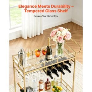 bar cart, 2 tiers home kitchen serving carts, modern rolling utility station on wheels, drink beverage trolley with mirrored glass shelves, wine rack, glass holder, for living dining room, gold