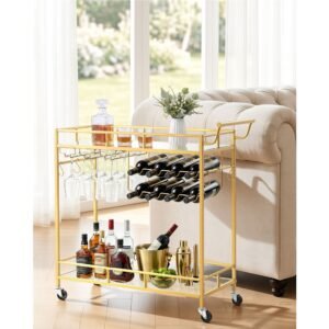 bar cart, 2 tiers home kitchen serving carts, modern rolling utility station on wheels, drink beverage trolley with mirrored glass shelves, wine rack, glass holder, for living dining room, gold