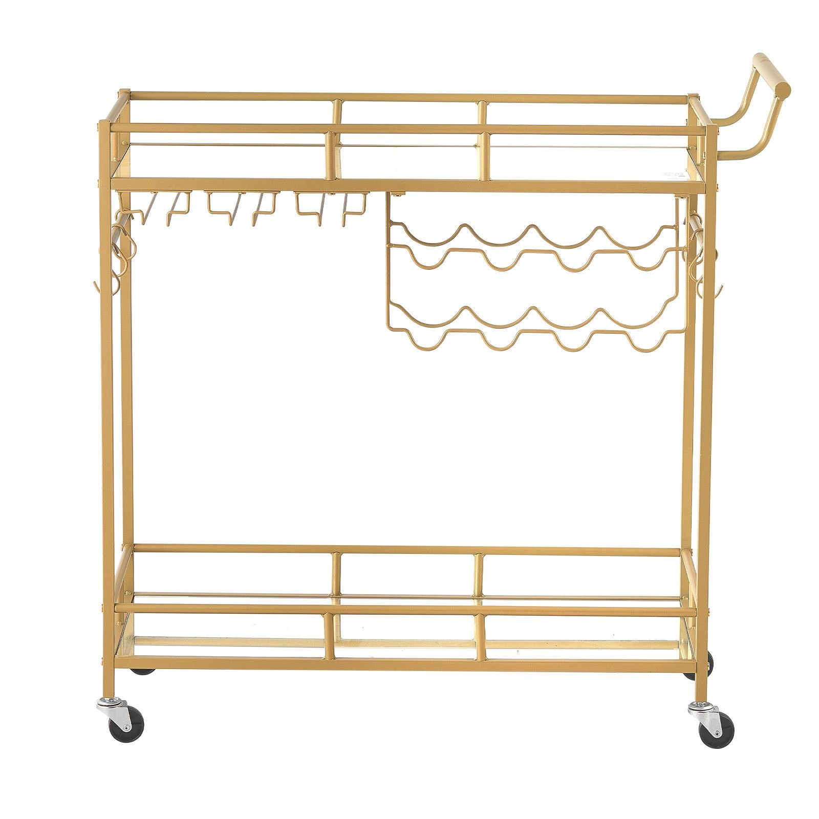 bar cart, 2 tiers home kitchen serving carts, modern rolling utility station on wheels, drink beverage trolley with mirrored glass shelves, wine rack, glass holder, for living dining room, gold