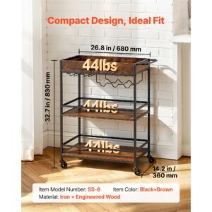 bar cart, 3 tiers home kitchen serving carts, industrial rolling utility station on wheel, mobile drink beverage shelf with wine rack & glass holder, 26.77x14.17x32.68 in, rustic brown and black
