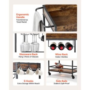 bar cart, 3 tiers home kitchen serving carts, industrial rolling utility station on wheel, mobile drink beverage shelf with wine rack & glass holder, 26.77x14.17x32.68 in, rustic brown and black