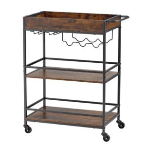 Bar Cart, 3 Tiers Home Kitchen Serving Carts, Industrial Rolling Utility Station on Wheel, Mobile Drink Beverage Shelf with Wine Rack & Glass Holder, 26.77x14.17x32.68 in, Rustic Brown and Black