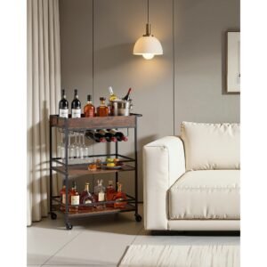 bar cart, 3 tiers home kitchen serving carts, industrial rolling utility station on wheel, mobile drink beverage shelf with wine rack & glass holder, 26.77x14.17x32.68 in, rustic brown and black
