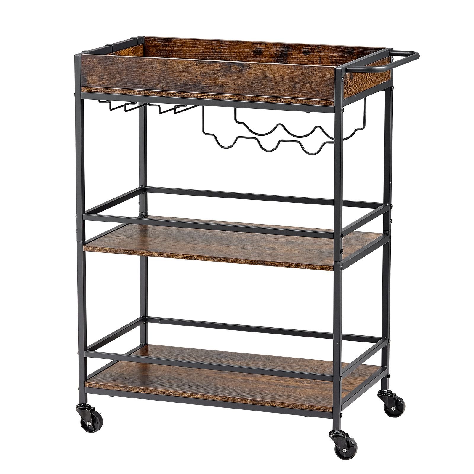 bar cart, 3 tiers home kitchen serving carts, industrial rolling utility station on wheel, mobile drink beverage shelf with wine rack & glass holder, 26.77x14.17x32.68 in, rustic brown and black