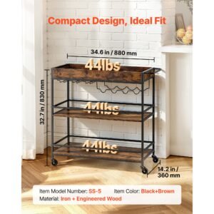 bar cart, 3 tiers home kitchen serving carts, industrial rolling utility station on wheel, mobile drink beverage shelf with wine rack & glass holder, 34.64x14.17x32.68 in, rustic brown and black