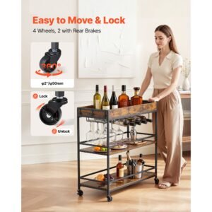 bar cart, 3 tiers home kitchen serving carts, industrial rolling utility station on wheel, mobile drink beverage shelf with wine rack & glass holder, 34.64x14.17x32.68 in, rustic brown and black