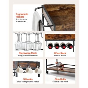 bar cart, 3 tiers home kitchen serving carts, industrial rolling utility station on wheel, mobile drink beverage shelf with wine rack & glass holder, 34.64x14.17x32.68 in, rustic brown and black