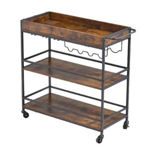 Bar Cart, 3 Tiers Home Kitchen Serving Carts, Industrial Rolling Utility Station on Wheel, Mobile Drink Beverage Shelf with Wine Rack & Glass Holder, 34.64x14.17x32.68 in, Rustic Brown and Black