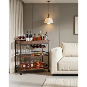 bar cart, 3 tiers home kitchen serving carts, industrial rolling utility station on wheel, mobile drink beverage shelf with wine rack & glass holder, 34.64x14.17x32.68 in, rustic brown and black