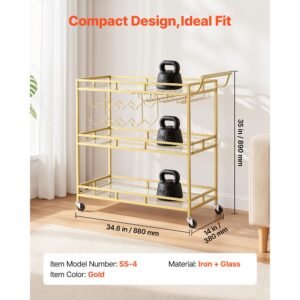 bar cart, 3 tiers home kitchen serving carts, modern rolling utility station on wheels, drink beverage trolley with tempered glass shelves, wine rack, glass holder, for living dining room, gold