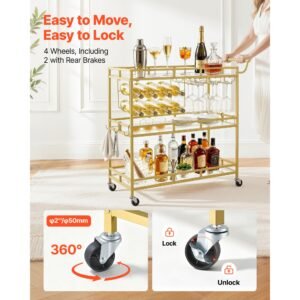 bar cart, 3 tiers home kitchen serving carts, modern rolling utility station on wheels, drink beverage trolley with tempered glass shelves, wine rack, glass holder, for living dining room, gold