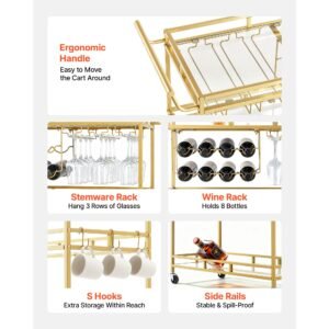 bar cart, 3 tiers home kitchen serving carts, modern rolling utility station on wheels, drink beverage trolley with tempered glass shelves, wine rack, glass holder, for living dining room, gold
