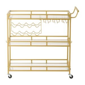 Bar Cart, 3 Tiers Home Kitchen Serving Carts, Modern Rolling Utility Station on Wheels, Drink Beverage Trolley with Tempered Glass Shelves, Wine Rack, Glass Holder, for Living Dining Room, Gold