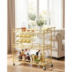bar cart, 3 tiers home kitchen serving carts, modern rolling utility station on wheels, drink beverage trolley with tempered glass shelves, wine rack, glass holder, for living dining room, gold