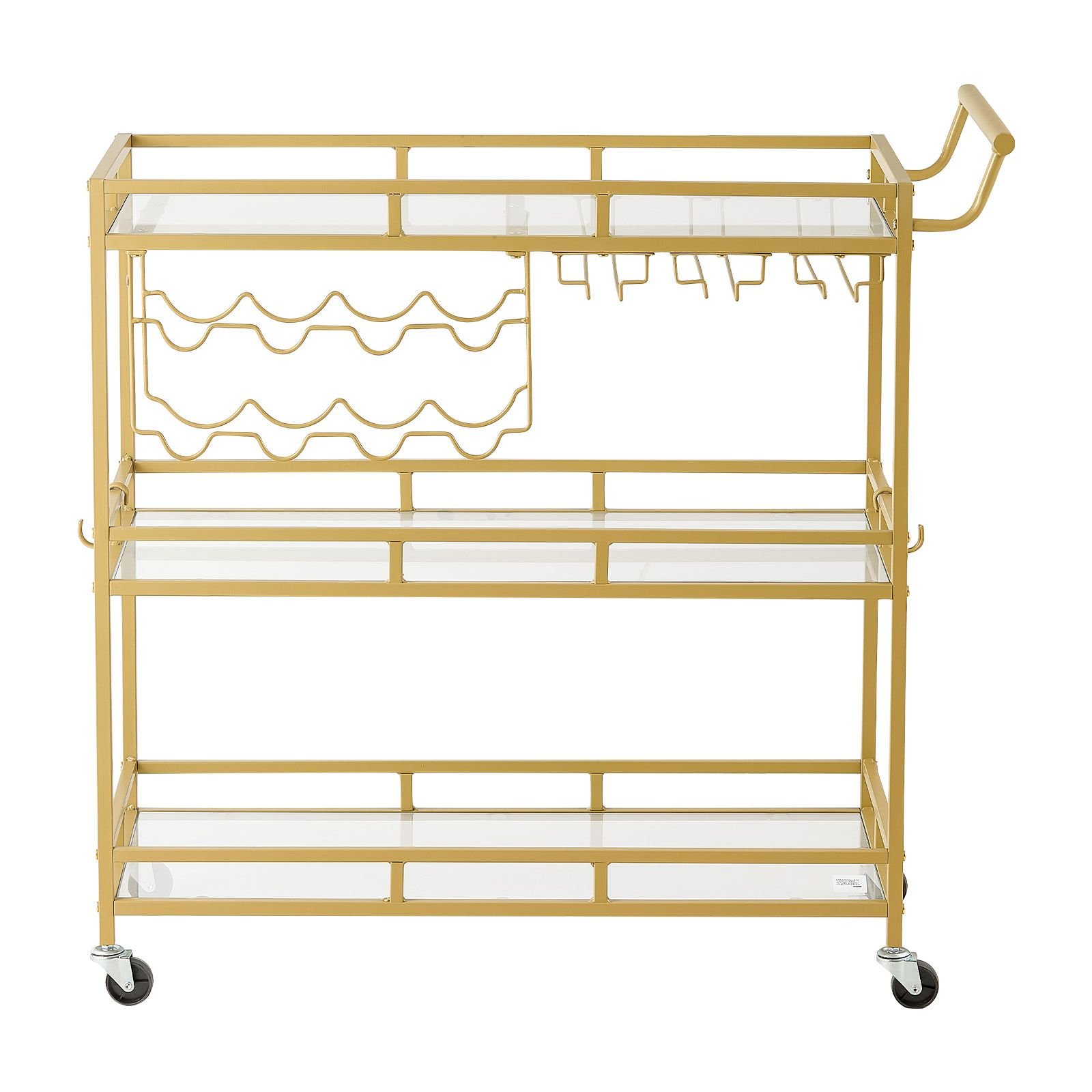 bar cart, 3 tiers home kitchen serving carts, modern rolling utility station on wheels, drink beverage trolley with tempered glass shelves, wine rack, glass holder, for living dining room, gold