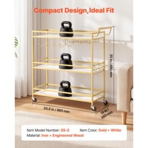 bar cart, 3 tiers home kitchen serving carts, modern rolling utility station on wheels, mobile drink beverage trolley with wooden shelf, wine rack, and glass holder, 35.83x12.99x36.81 in, gold