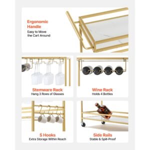 bar cart, 3 tiers home kitchen serving carts, modern rolling utility station on wheels, mobile drink beverage trolley with wooden shelf, wine rack, and glass holder, 35.83x12.99x36.81 in, gold