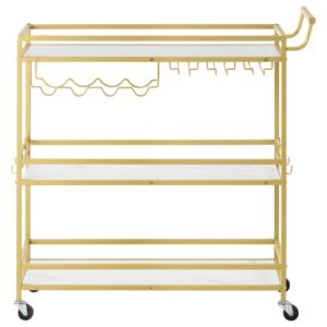 Bar Cart, 3 Tiers Home Kitchen Serving Carts, Modern Rolling Utility Station on Wheels, Mobile Drink Beverage Trolley with Wooden Shelf, Wine Rack, and Glass Holder, 35.83x12.99x36.81 in, Gold