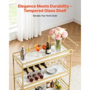 bar cart, 3 tiers home kitchen serving carts, modern rolling utility station on wheels, mobile drink beverage trolley with wooden shelf, wine rack, and glass holder, 35.83x12.99x36.81 in, gold